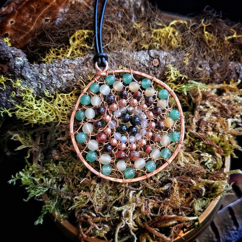 Dale Armstrong's What Gauge of Wire Should I Use to Make Jewelry - , General Education, Design, , Handcrafted netted hoop pendant inspired by vibrant fungus, featuring hammered copper with aventurine, horn, red tiger eye, copper, faceted labradorite, and obsidian beads.