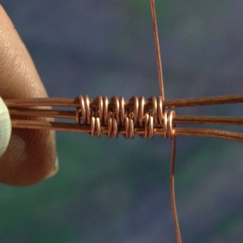 Deborah Kelly's Woven 6-bead Wire Bracelet - , Wire Weaving, Weaving, Wire Weaving, Weaving Wire,  Next wrap the right weaving wire around the right base wire