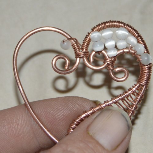 Deborah Kelly's Wire Heart Pendant with Woven Elements - , Wire Weaving, Weaving, Wire Weaving, Weaving Wire, Put a bead on the wrapping wire.