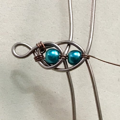 Erika Pal's Charm Hoop Earrings - , Contemporary Wire Jewelry, Lashing, Wire Lashing, Wire Wrapping, Wrapping, Wire Wrapping Jewelry, Beads,  wrap the weaving wire 2 times around 