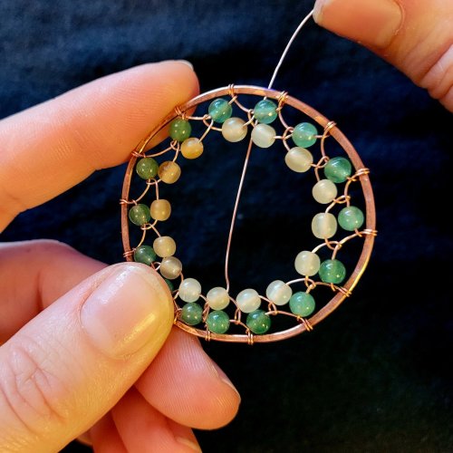 Jennifer Brooks's Dyer's Mushroom Netted Hoop Pendant - , Contemporary Wire Jewelry, Lashing, Wire Lashing, Wire Wrapping, Wrapping, Wire Wrapping Jewelry, , Repeat steps 11-13 until you have added all your beads