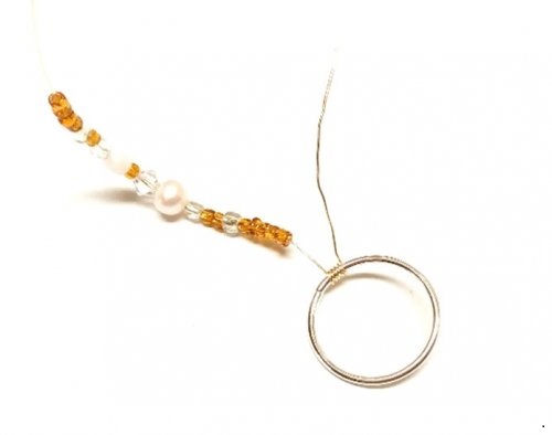 Judy Larson's Bead-Wrapped Hoop Earrings - , Contemporary Wire Jewelry, Lashing, Wire Lashing, wrap the gold wire around the base ring 5 times