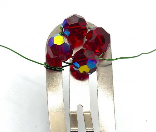 Kristal Wick's Christmas Chrysanthemum Hair Clip - , Hair Accessories, Zipper Pulls, Christmas Ornaments, Lashing, Wire Lashing, Beads, take one wire end and wrap it around 