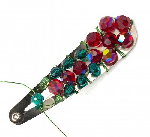 Kristal Wick's Christmas Chrysanthemum Hair Clip - , Hair Accessories, Zipper Pulls, Christmas Ornaments, Lashing, Wire Lashing, Beads, Add two 4mm beads and a 6mm