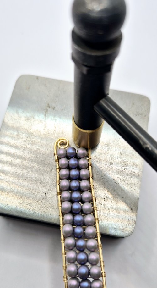 Natalie Patten's Channel-set Beaded Cuff Bracelet - , Contemporary Wire Jewelry, Wire Wrapping, Wrapping, Wire Wrapping Jewelry, you can work harden the spirals by hammering them lightly