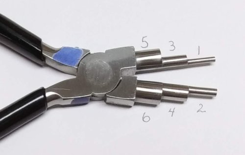 Judy Larson's Bali Style Earrings - , Contemporary Wire Jewelry, Stamping, Stamps, Butane Torch, Soldering, Solder, Drilling, Drill, barrel pliers have been labeled in ascending order smallest barrel to the largest