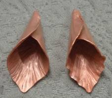 Judy Larson's Calla Lily Earrings - , Metalwork, Dapping, Dapping Jewelry, Filing, Finishing, Oxidizing Wire, Oxidizing, Antiquing Wire, Antiquing, Texturing, Tumbling, Tumble, Tumbling Jewelry, Butane Torch, Soldering, Solder, Forming copper sheet metal