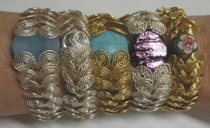 Judy Larson's Coiled Wire Jewelry Series  Part 3 - Focal Bead Bracelet - , Contemporary Wire Jewelry, Coiling, Coiling Wire, Wire Coiling, Loops, Wire Loop, Wrapped Wire Loop, Spirals, Wire Spiral, Spiral Wire Wrap, Wire Wrapping, Wrapping, Wire Wrapping Jewelry, , Copper, silver and bronze wire Egyptian Spiral bracelets