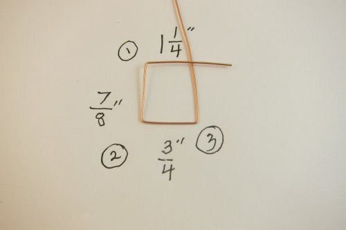 Karen Meador, Ph.D.'s Geometric Earrings - , Contemporary Wire Jewelry, Lashing, Wire Lashing, Findings, Clasps, Components, Loops, Wire Loop, Wrapped Wire Loop, Measure 7/8 from this angle