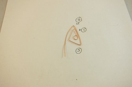 Karen Meador, Ph.D.'s Geometric Earrings - , Contemporary Wire Jewelry, Lashing, Wire Lashing, Findings, Clasps, Components, Loops, Wire Loop, Wrapped Wire Loop, Bend the last leg down such that angle 4 