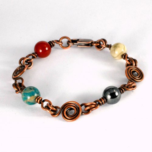 Dawn Horner's Spiral Link Connector Bracelet, Contemporary Wire Jewelry. Loops, Wire Loop, Wrapped Wire Loop, Spirals, Wire Spiral, Spiral Wire Wrap, Wire Wrapping, Wrapping, Wire Wrapping Jewelry. The Spiral Link component can be used in bracelets or neckchains paired with wire-wrapped beads or used alone connected by jump rings.