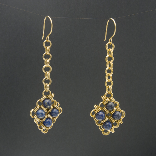 Lapis and Brass Chain Maille Diamond Earrings