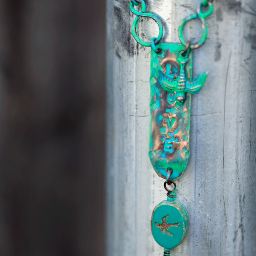 Pamela Hawkins's Lovebird Necklace, Contemporary Wire Jewelry. Making Chain, Chain Making , Cutting, Cutting Tool, Cutters, Forging, Forging Jewelry, Jewelry Forging, Stamping, Stamps, Texturing. There are lots of parts to this necklace, but none of them are difficult.
