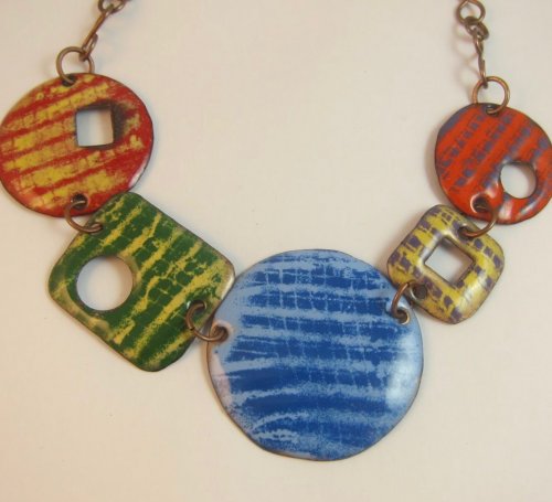 Karen Meador, Ph.D.'s Mesh Stenciled Enamel Necklace, Enameling, Enamel Jewelry Supplies. Enamel, Enameling, Enameled Jewelry. There are lots of fun things you can use as a stencil for overlay on already stenciled pieces.