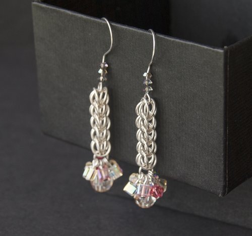 Full Persian chain maille earrings with bright crystals.