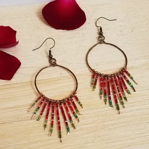 Red Poppy Hoop Earrings with Beaded Fringe