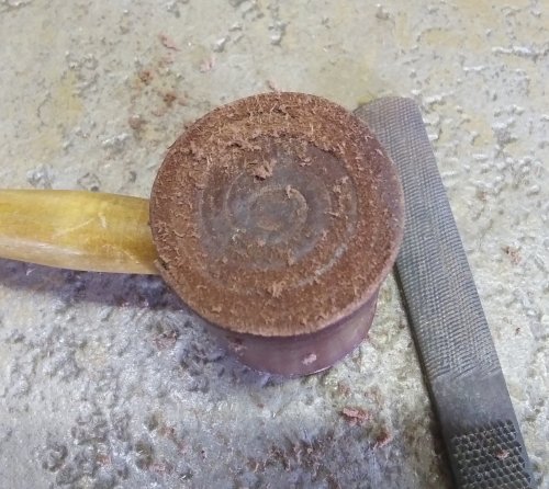 Judy Larson's Conditioning a Rawhide Mallet - , Tools For Wire Jewelry, Tools, Use a rasp to remove the lacquer 