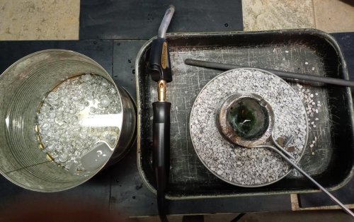 Judy Larson's Scrap Melt - , General Education, Butane Torch, Soldering, Solder, I decided to fill a large can half full with cold water.