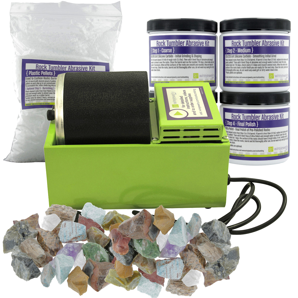 Brazil and Madagascar Stone Mixes and 6 Batches of 4 Step Abrasive Grit and Polish WireJewelry World Stone Mix Rock Tumbler Refill Kit Each of Asia 3 Lbs 