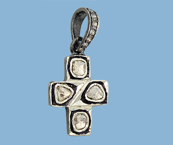 Sterling Silver Pendant w/ Rose Cut Pave Diamonds Cross 12x15.5mm - Pack of 1