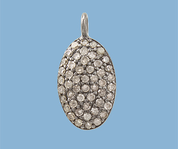 Sterling Silver Charm w/ Pave Diamonds Oval Disc 9.5x15mm - Pack of 1