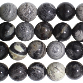 Black Silver Leaf Jasper 8mm Round 8 inch Strand