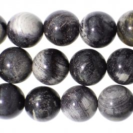 Black Silver Leaf Jasper 10mm Round 8 inch Strand