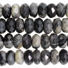 Black Silver Leaf Jasper 8mm Faceted Rondelle 8 inch Strand