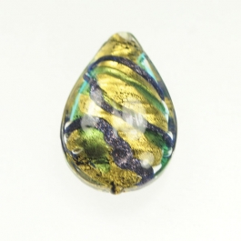 Large Aventurina Swirl Teardrop Aqua w/ Blue Aventurina,24kt Yellow Gold, Size 28mm
